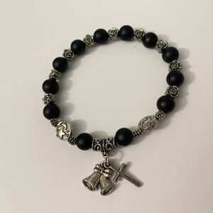 Gothic Celestial Matte Black & Silver Tone Stretch Charm Bracelet